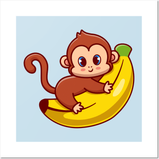 Cute Monkey Hug Banana Cartoon Posters and Art
